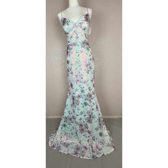 City Studio Floral Sequin Mermaid Dress Aqua Lilac Sz Large Fairy Whimsical - Picture 3 of 16